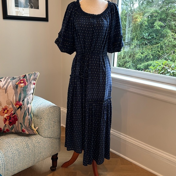 Apiece apart navy polka dot puff sleeve midi dress with tie waist. - Picture 4 of 7